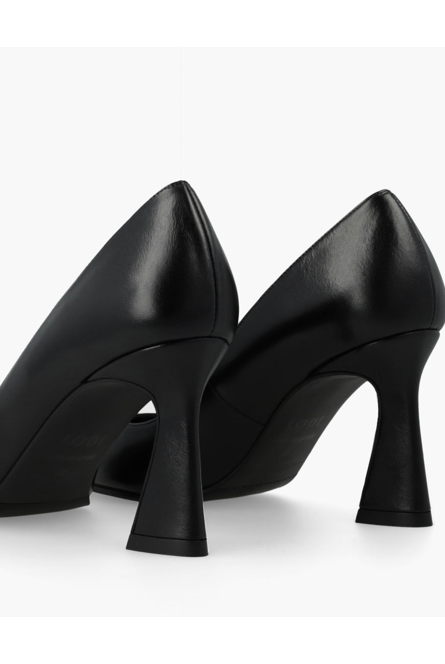 Rear view of Lodi Roa black leather court shoes showing sculpted heels
