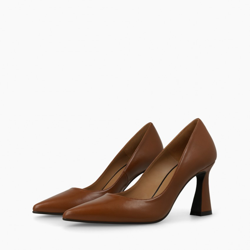 Lodi Roa cognac brown leather pointed toe court shoes with geometric heels