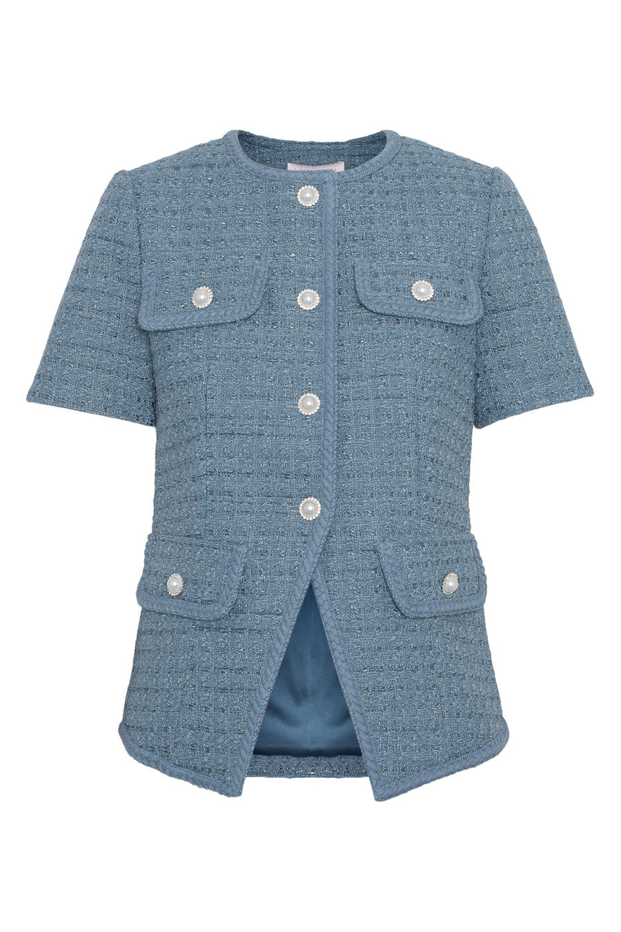 Close-up of pearl button details on Love Lolina Abbot tweed top