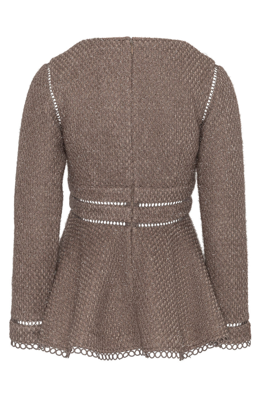 Back view of Love Lolina Ellie textured taupe party top with zip detail