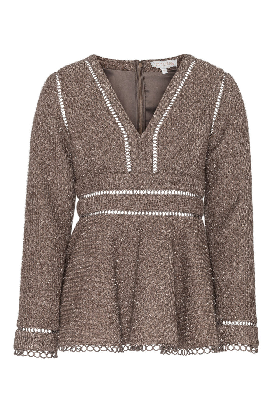 Front view of Love Lolina Ellie sparkly taupe woven top for women with v-neck