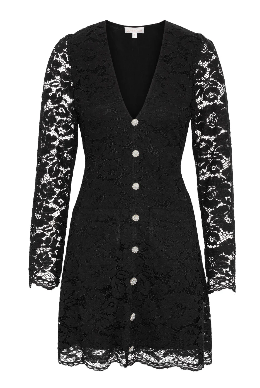 Love Lolina Riley black lace mini dress with pearl buttons and V neckline