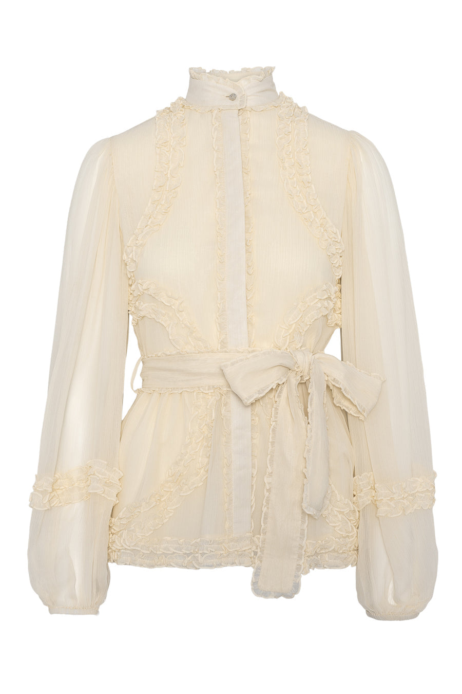 Love Lolina Violetta ruffle belted blouse with high neck in cream – front view