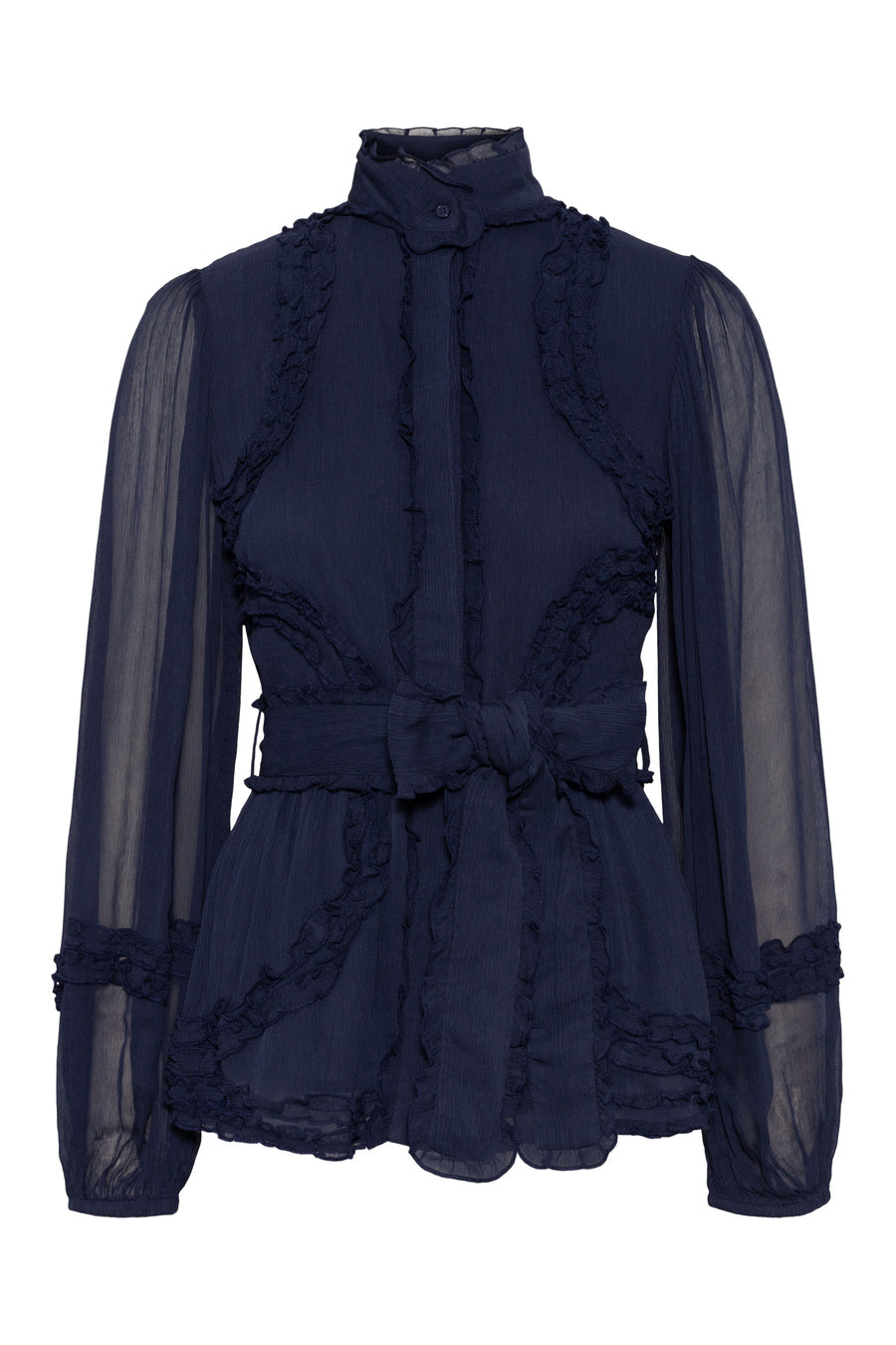 Love Lolina Violetta high-neck blouse with long sheer sleeves in navy