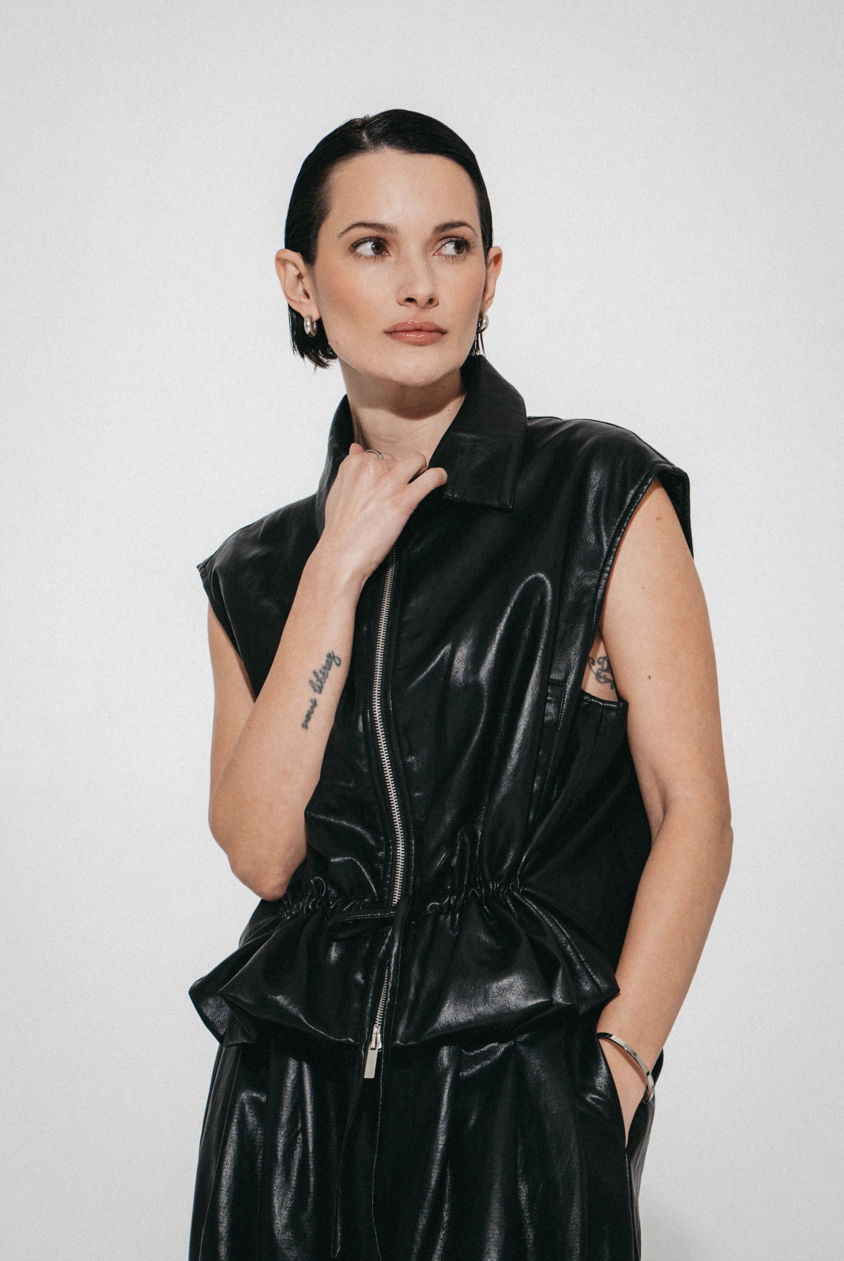Luje Alora black faux leather drawstring waist vest front view