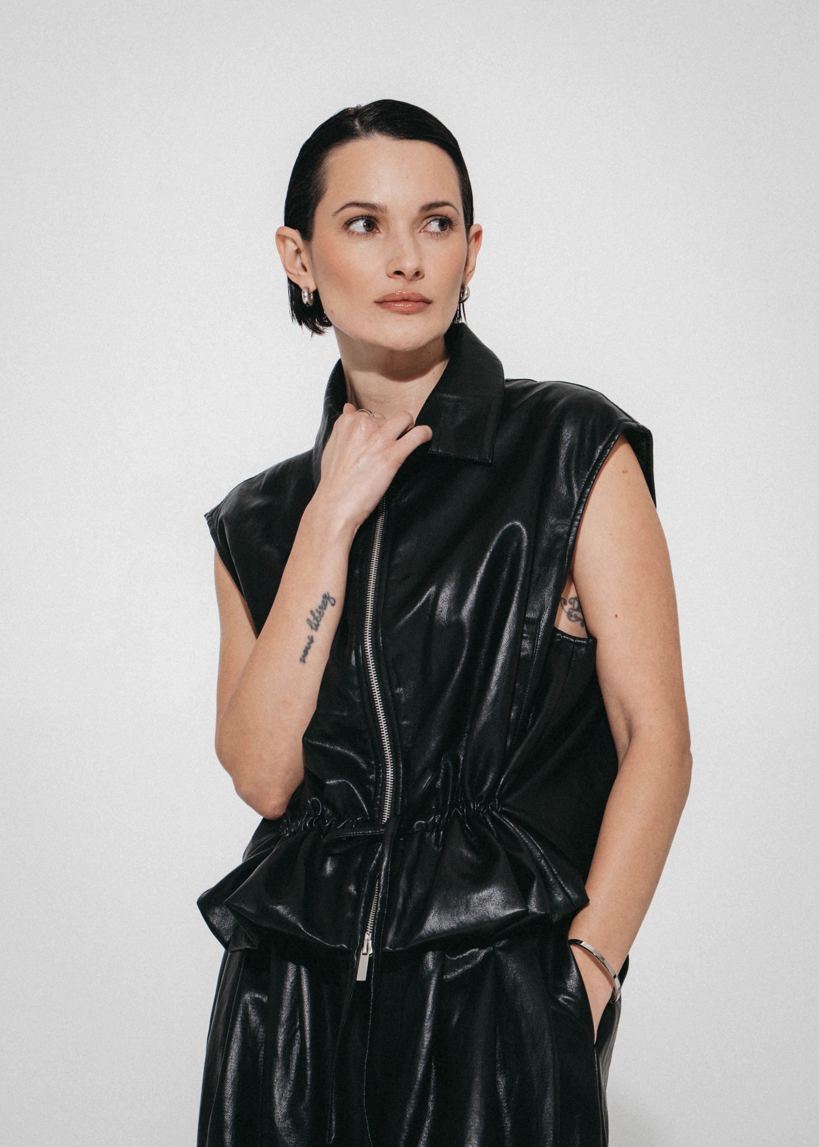 Luje Alora black faux leather drawstring waist vest front view