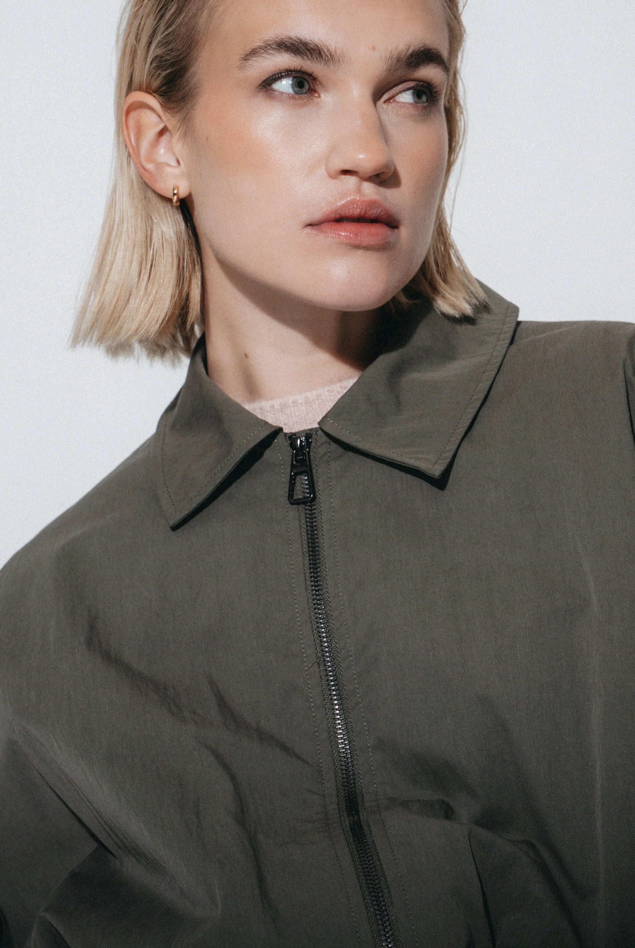 Luje Blaze khaki bomber jacket collar and zip detail