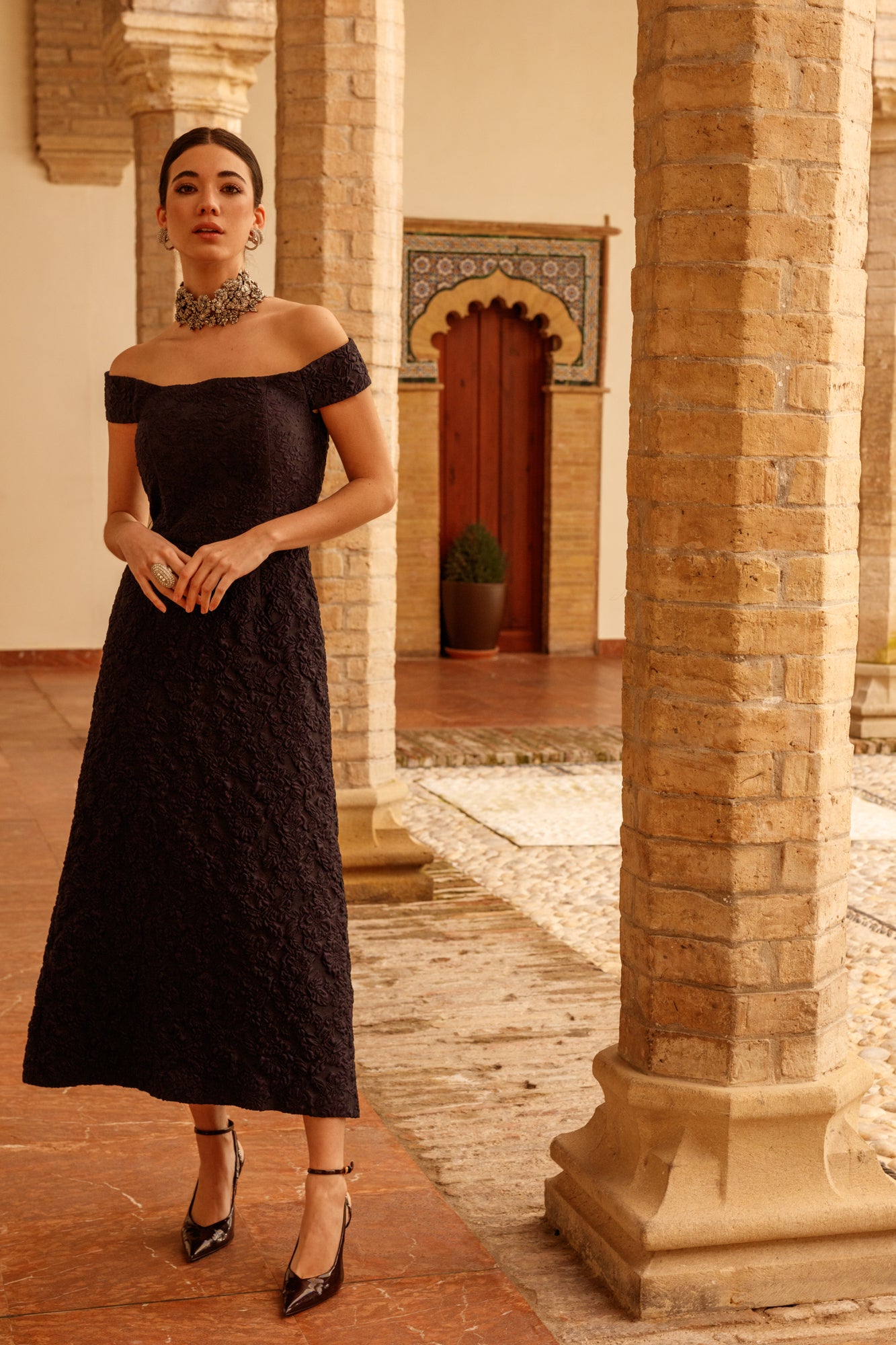 Matilde Cano formal navy off-shoulder textured midi dress