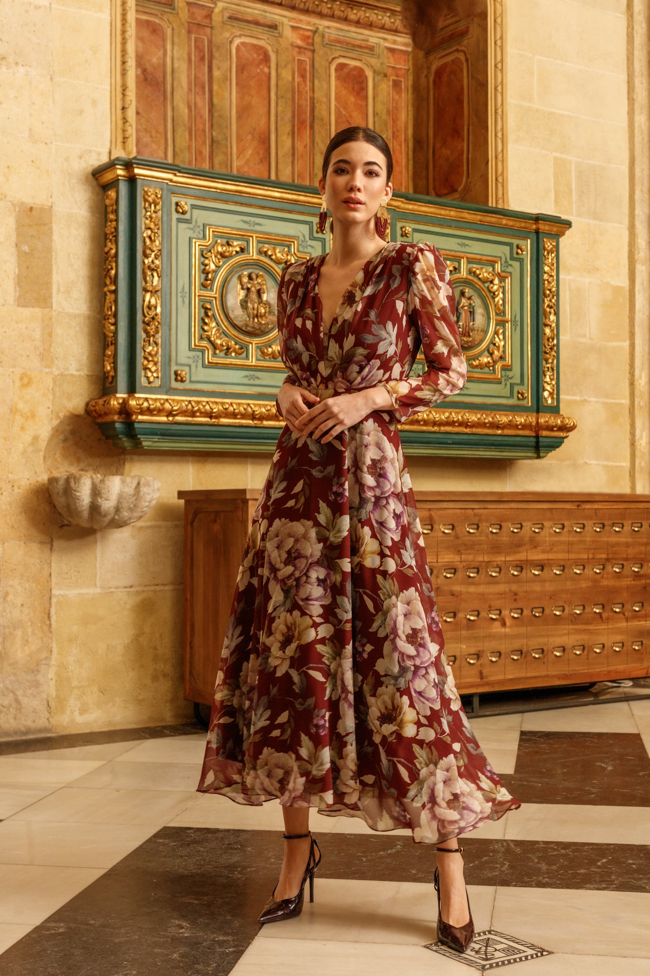 Burgundy floral chiffon occasion midi dress by Matilde Cano with long sleeves