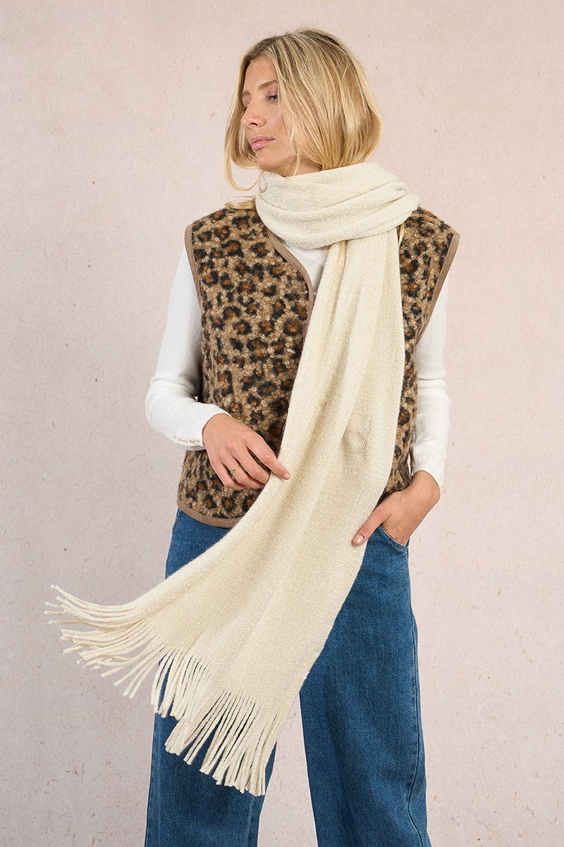 Molly Bracken off-white fringed knitted scarf styled with animal print vest