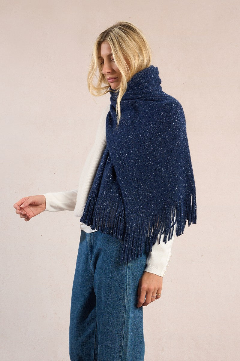 Molly Bracken navy long women’s scarf styled in a wrap fit