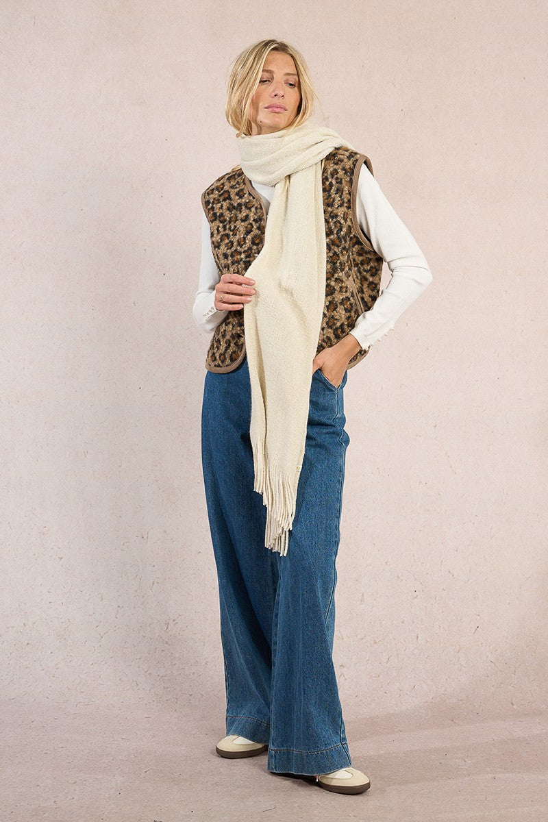 Front view of long off-white Molly Bracken scarf with brushed fringe detail