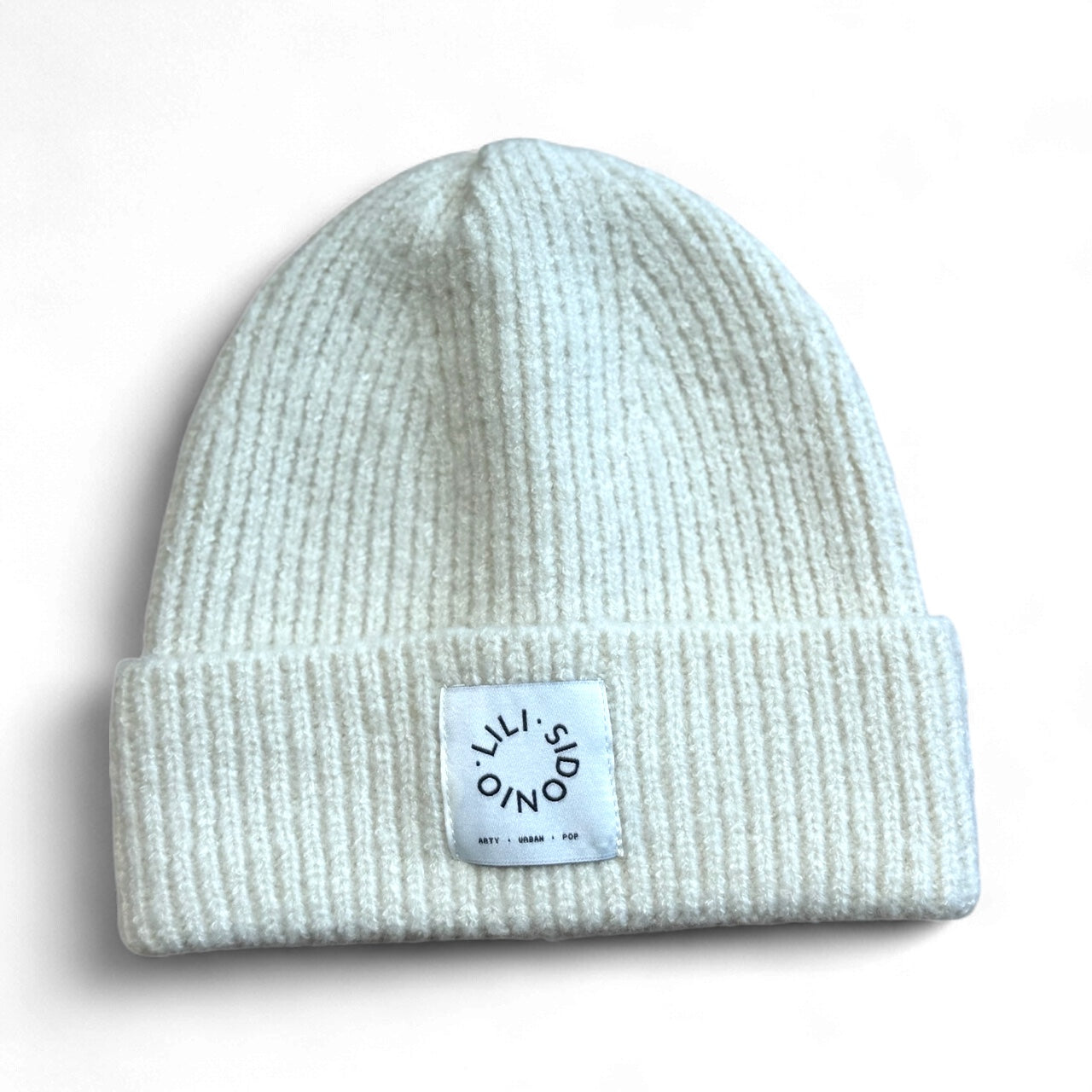 Molly Bracken off-white ribbed knit beanie hat with fold over design