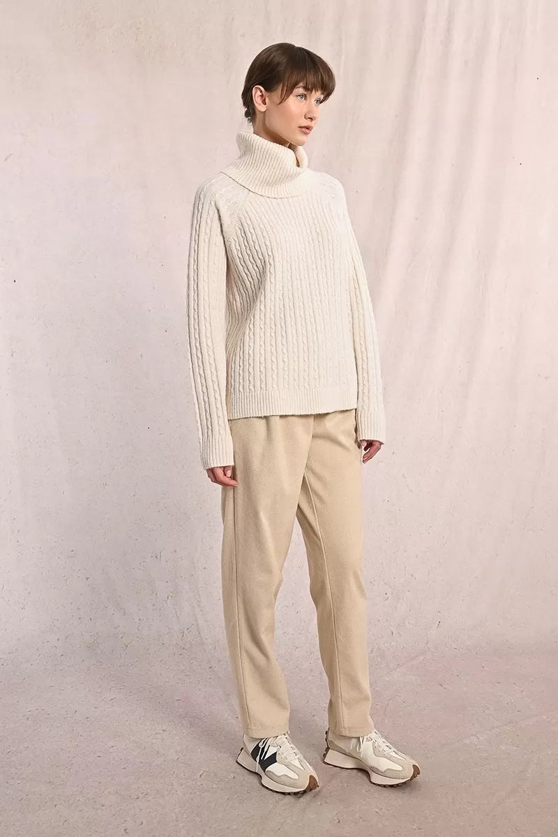 Molly Bracken off white cable knit winter jumper with turtle neck