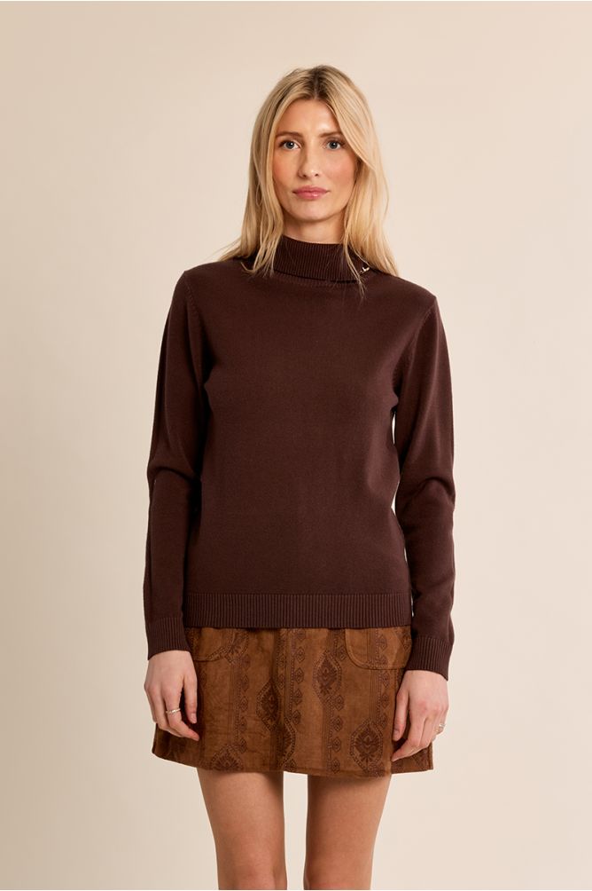 Molly Bracken chocolate brown high neck fine knit jumper front view
