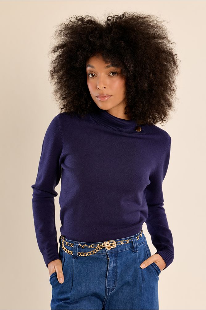 Molly Bracken women’s purple high neck knit jumper on model