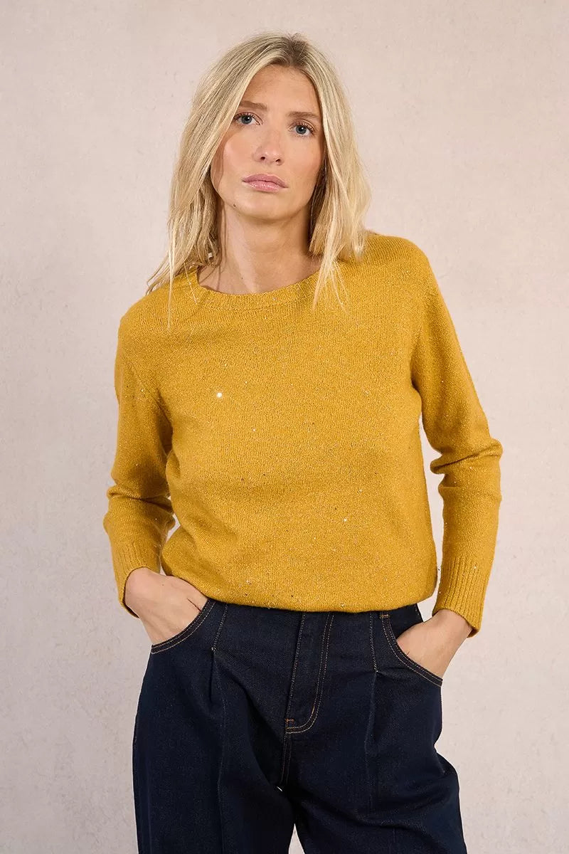 Molly Bracken women’s mustard yellow knit jumper with round neckline