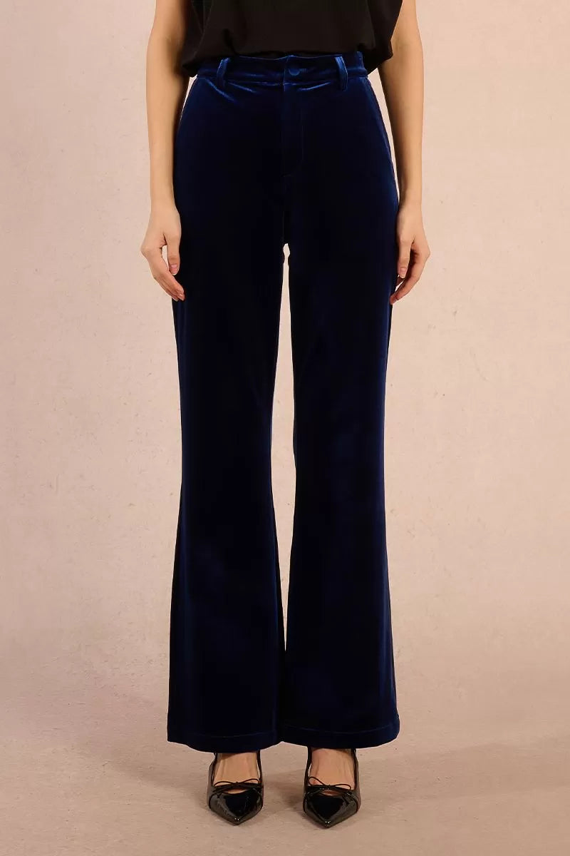 Molly Bracken navy velvet flared trousers with waistband detail