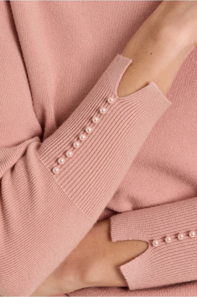 Molly Bracken pink knit jumper pearl beaded cuff detail close-up