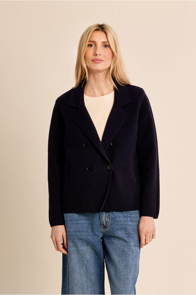 Molly Bracken navy cropped double breasted blazer front view on woman