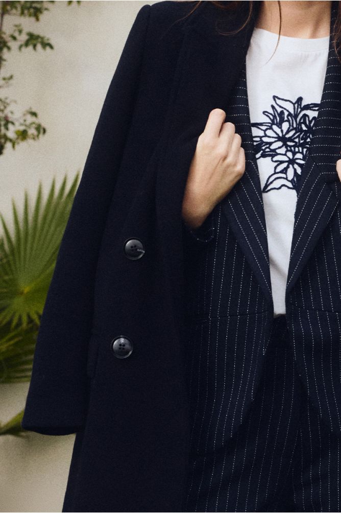 Molly Bracken navy blazer coat double-breasted button detail close-up