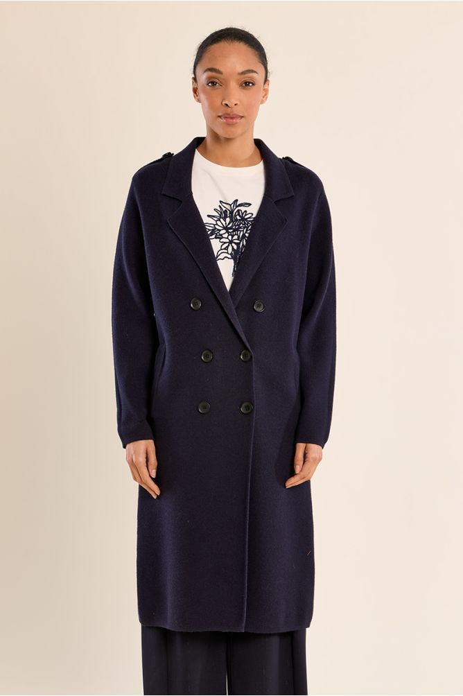 Molly Bracken navy double-breasted long coat front view