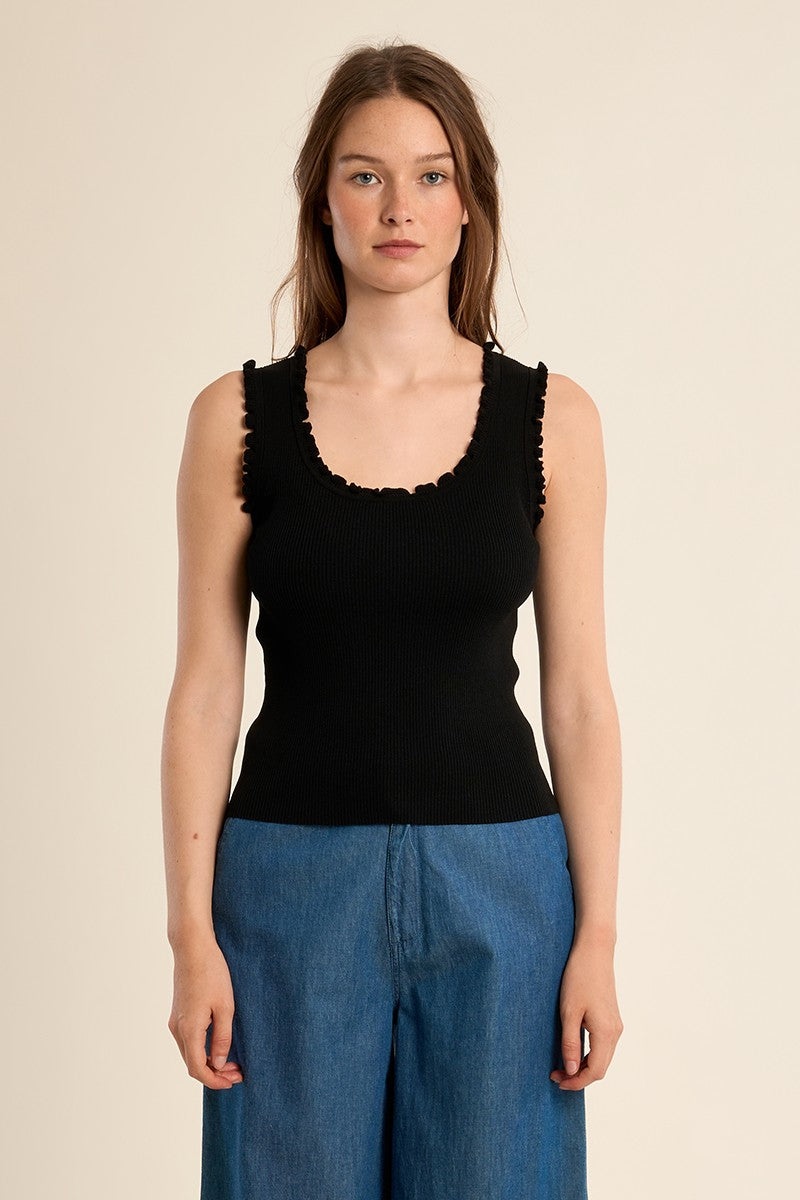 Molly Bracken black ribbed frilled tank top front view