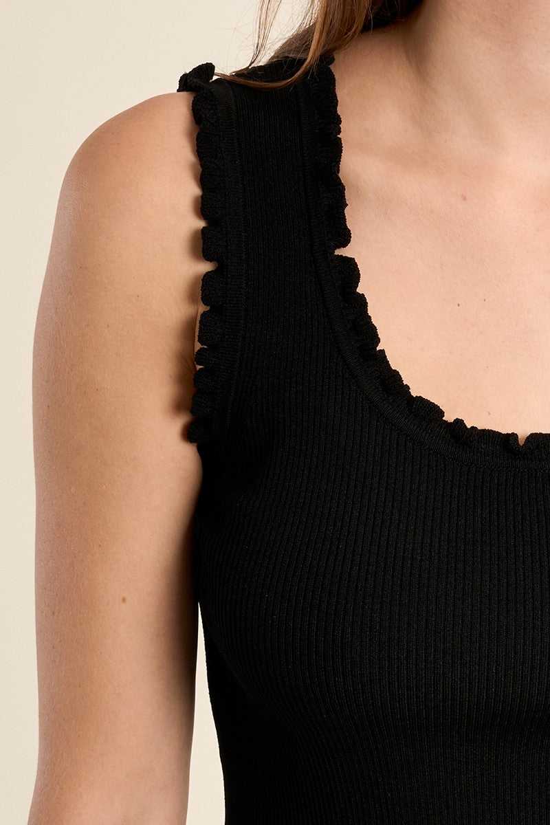 Molly Bracken black sleeveless ribbed tank top with frill trim neckline