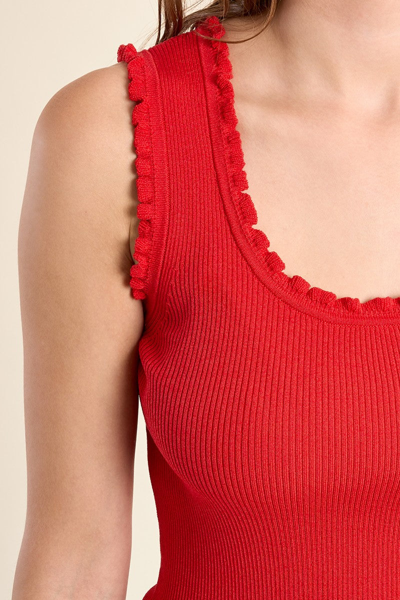 Molly Bracken red sleeveless ribbed tank top frill trim detail
