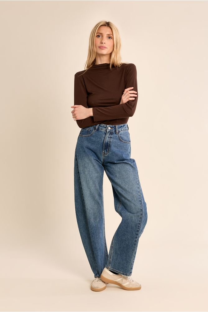 Molly Bracken brown slim fit high neck top styled with blue jeans
