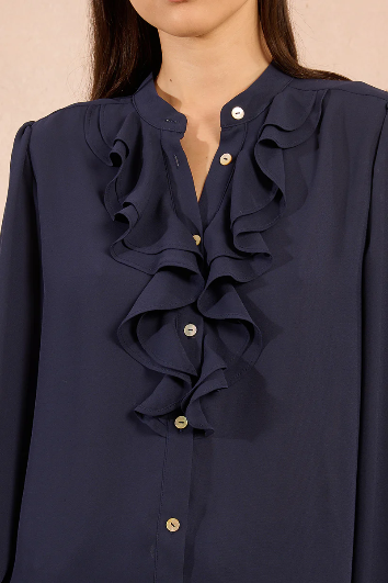 Molly Bracken navy ruffle blouse close-up detail