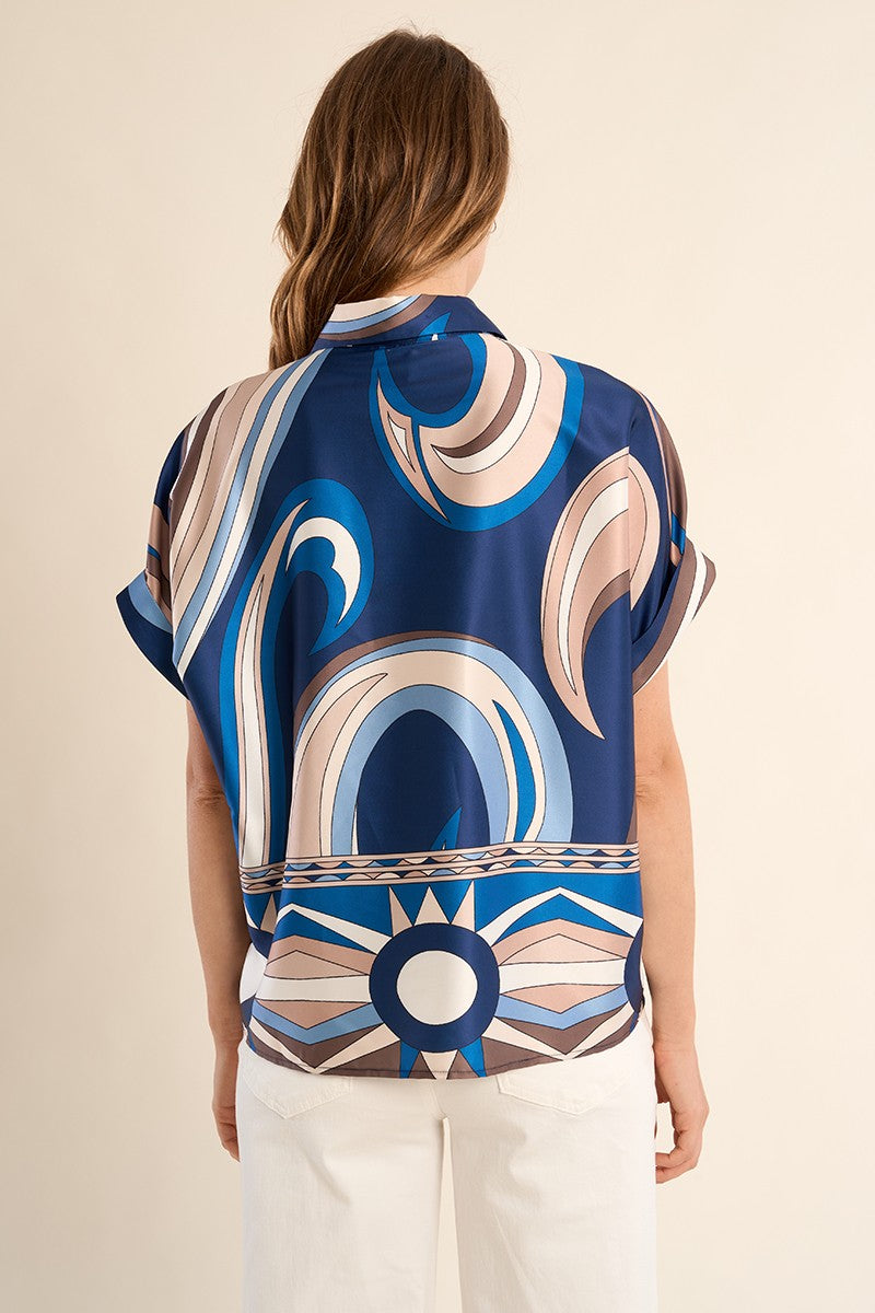 Molly Bracken silky blue graphic print blouse back view with abstract print