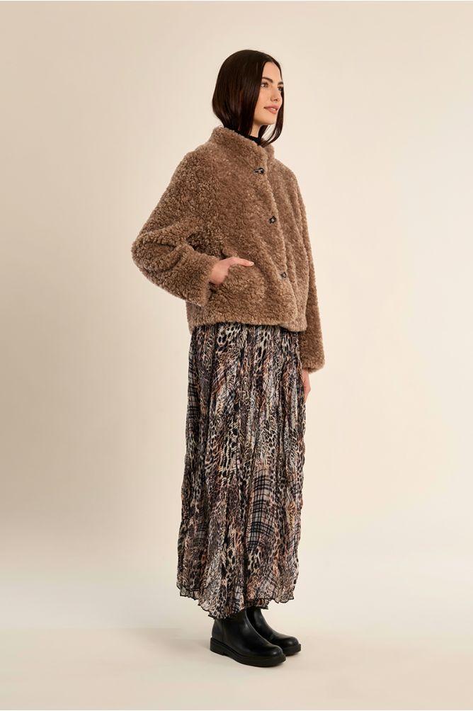 Molly Bracken brown high collar faux sheepskin jacket side view