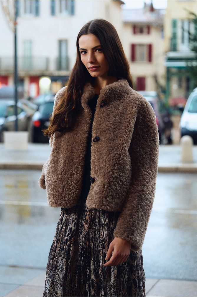Molly Bracken women’s brown faux sheepskin jacket lifestyle view
