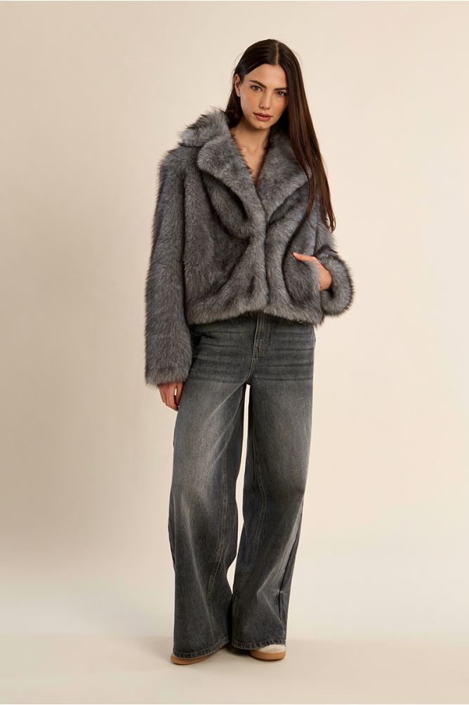 Molly Bracken short grey faux fur jacket styled with jeans