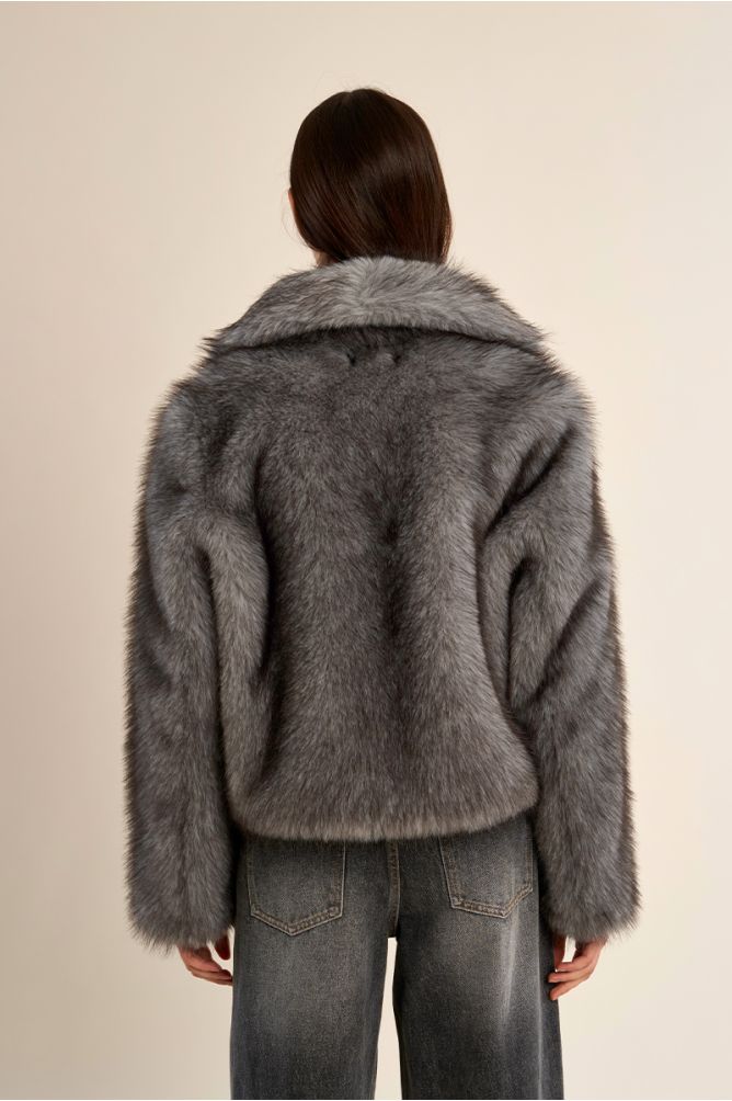 Molly Bracken grey short faux fur jacket back view