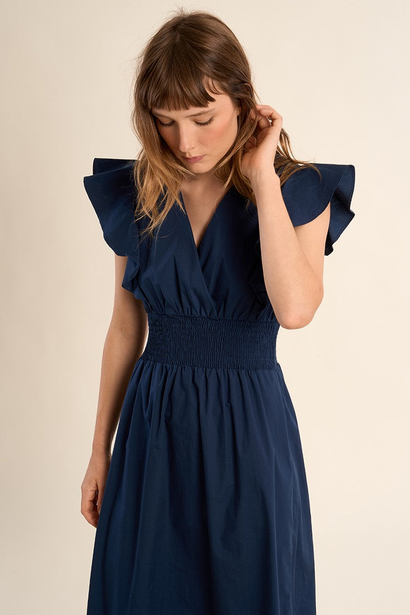 Molly Bracken navy cotton tiered maxi dress with ruffle sleeves
