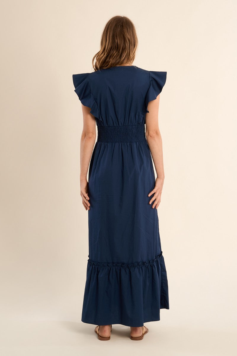 Molly Bracken navy cotton maxi dress smocked waist and ruffle sleeve detail From back