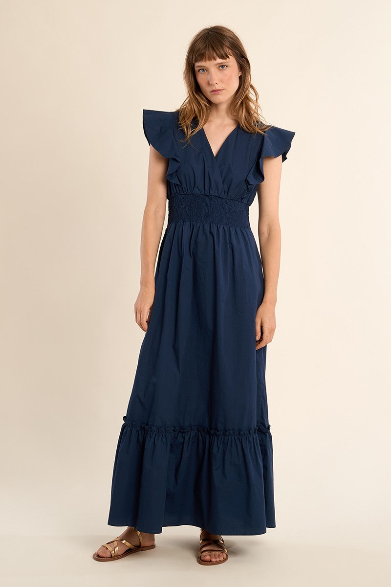 Molly Bracken navy cotton tiered maxi dress smocked waist and ruffle sleeve detail
