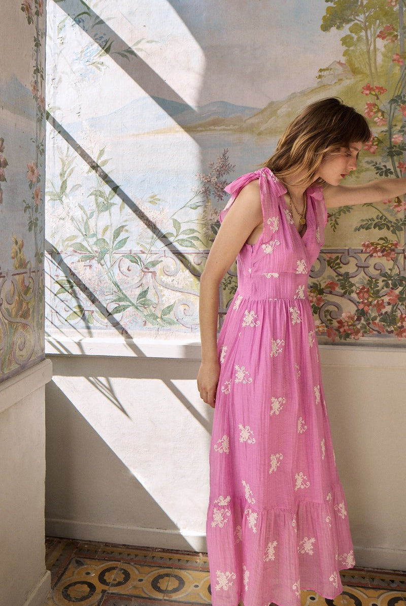 Molly Bracken embroidered maxi dress pink side view flowing skirt