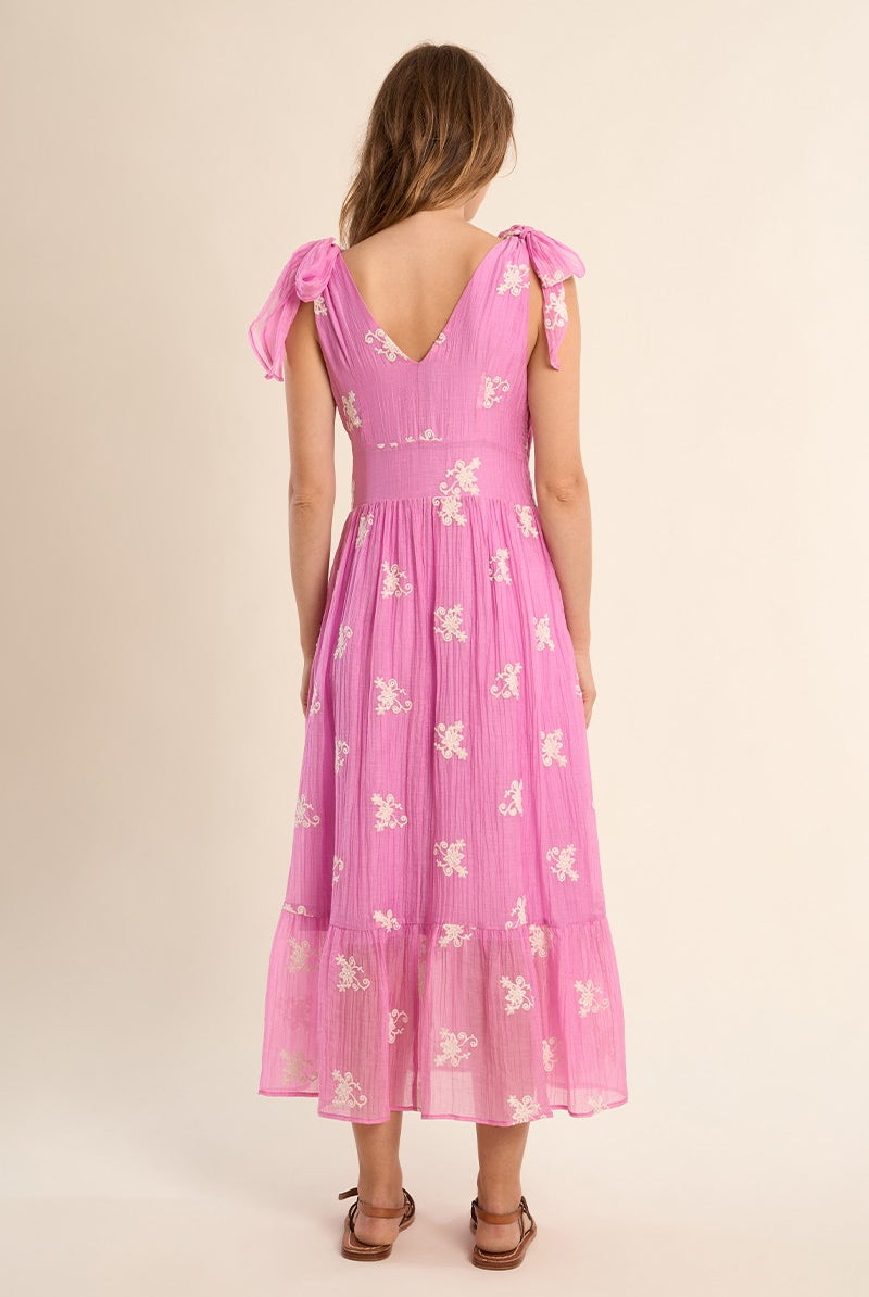 Molly Bracken pink embroidered maxi dress back view fitted waist
