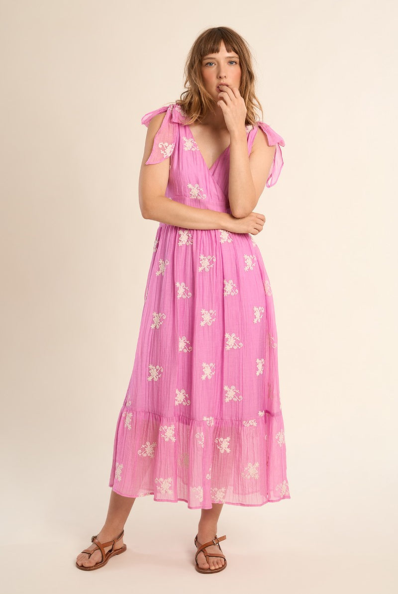 Molly Bracken embroidered flower maxi dress pink tie shoulder detail