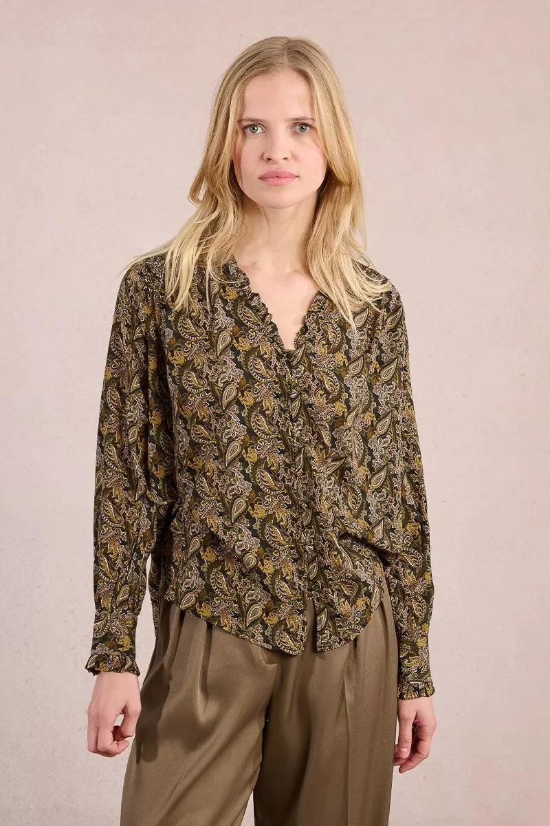 Front view of Molly Bracken khaki paisley print blouse For women