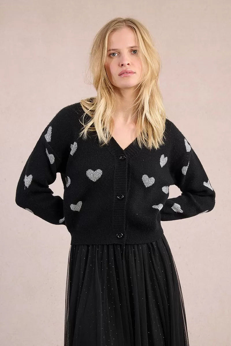Molly Bracken black heart knit cardigan, front view
