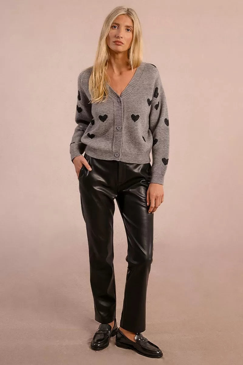 Molly Bracken grey heart knit cardigan, front view