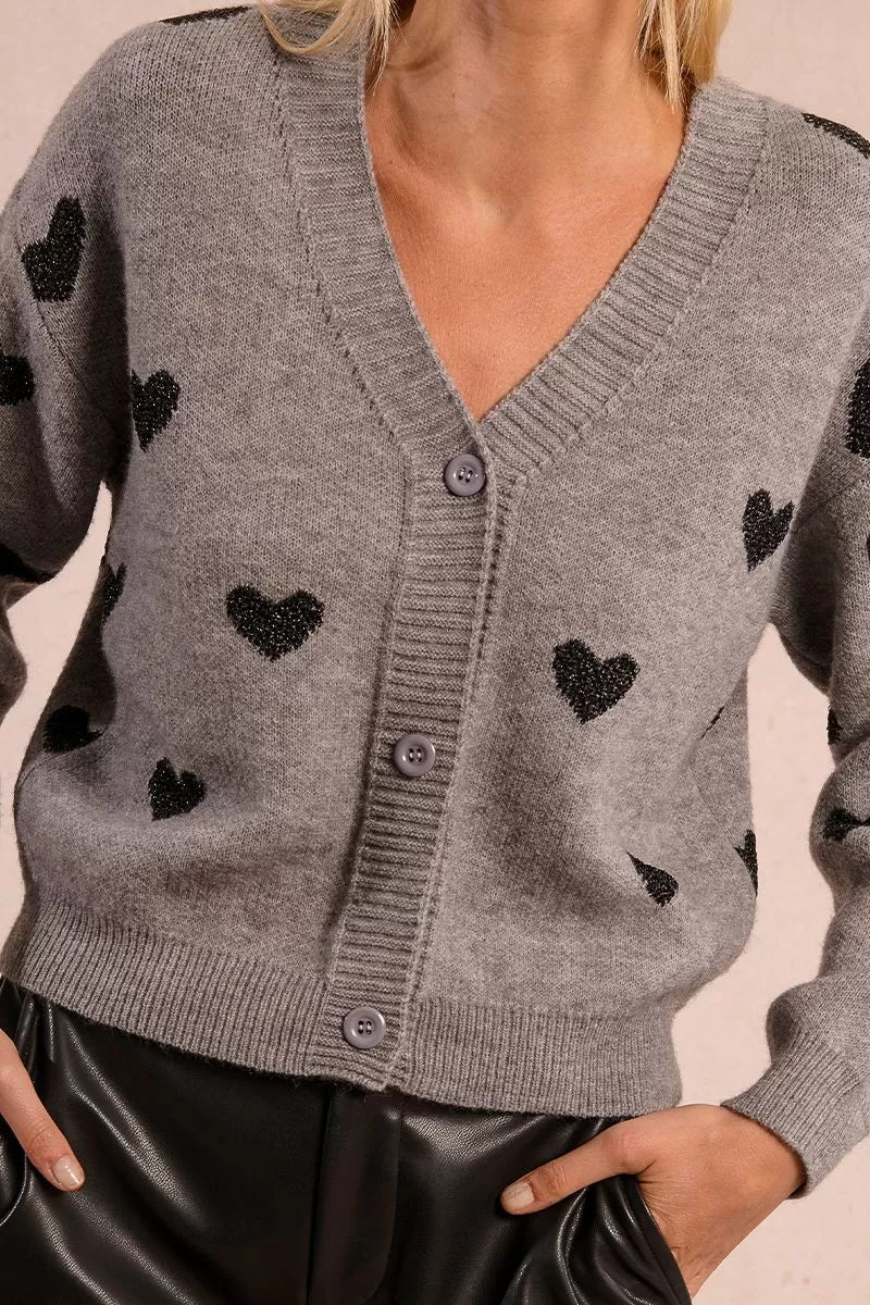 Molly Bracken women’s heart cardigan in grey, V-neck style