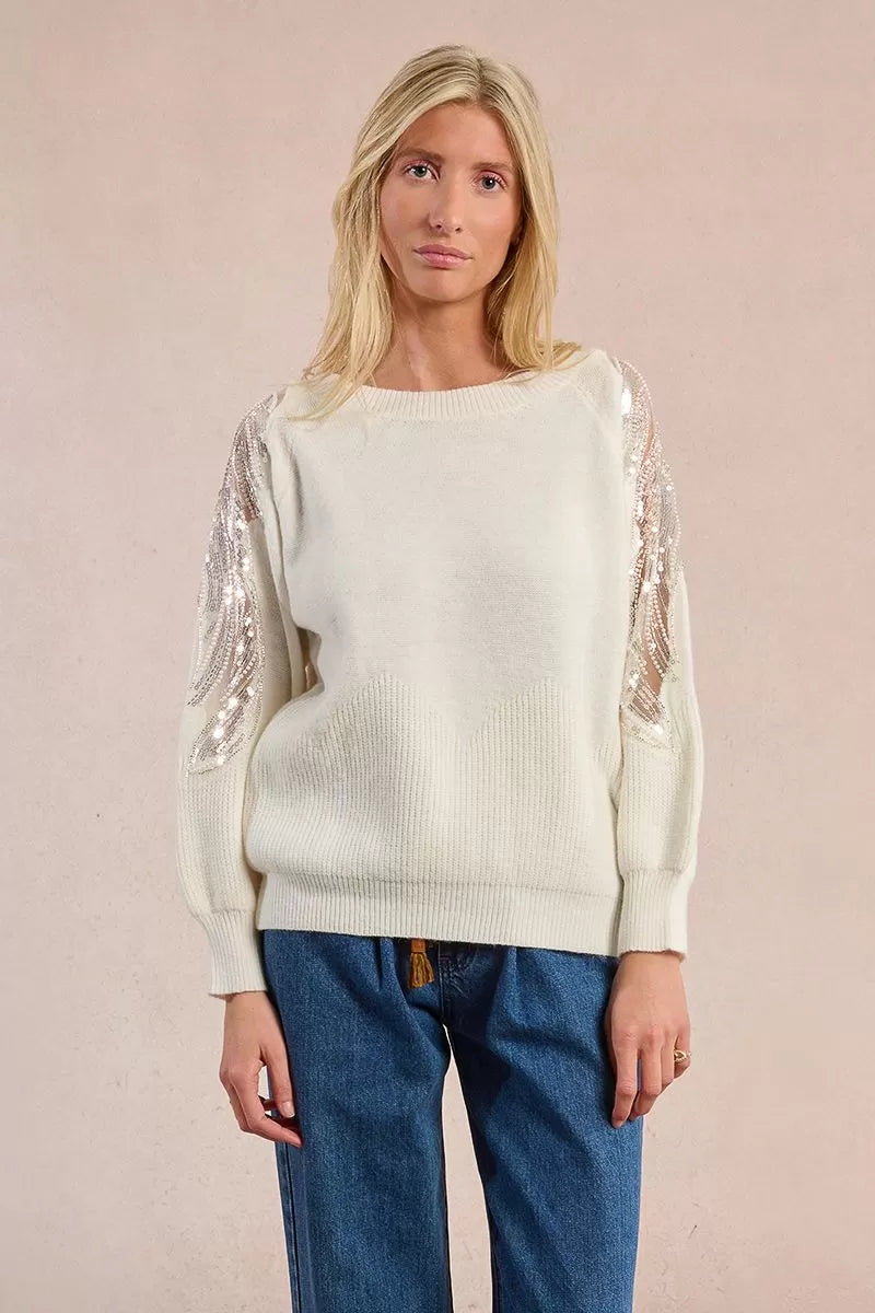 Side view of cream Molly Bracken jumper with sheer lace shoulder detail