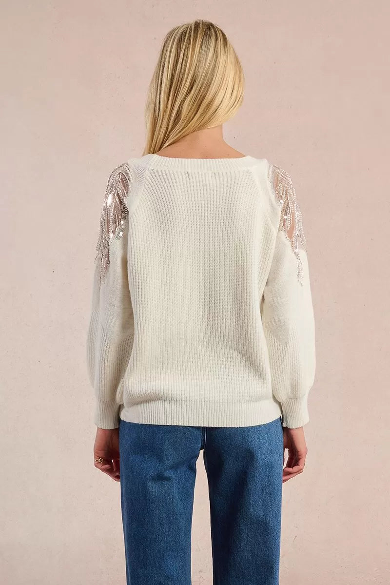 Back view of cream Molly Bracken lace shoulder sweater with wide neckline