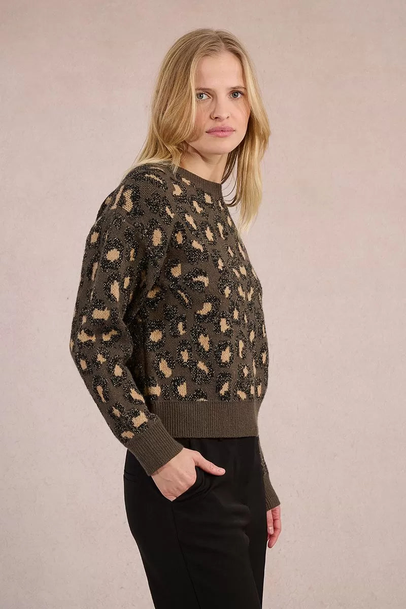 Model wearing Molly Bracken glittery khaki jumper with ribbed neckline