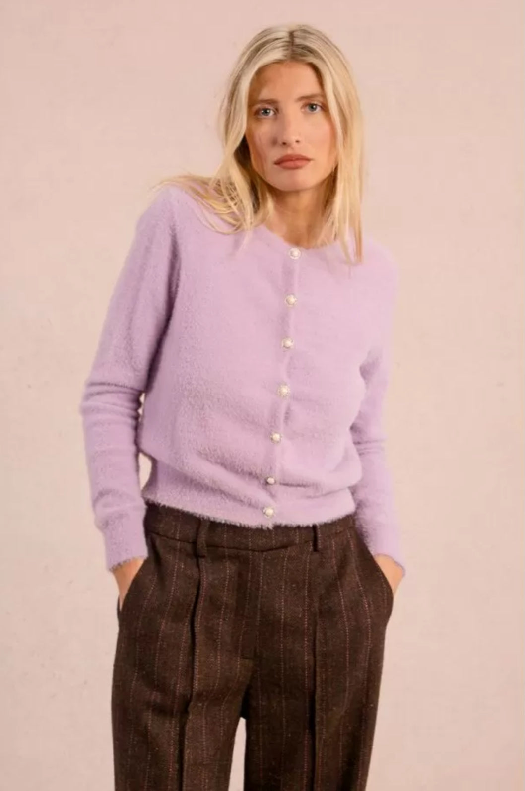 Molly Bracken lilac fluffy knit cardigan with long sleeves and pearl style buttons